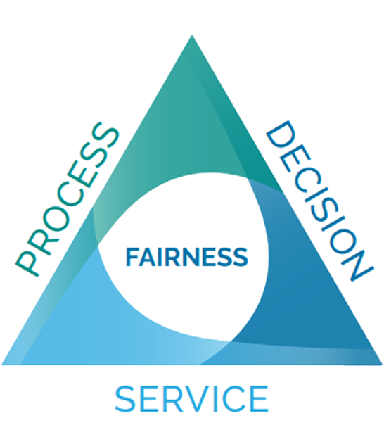Depiction of the fairness triangle which has decision on the right, service on the bottom and process on the left, forming a triangle shape.